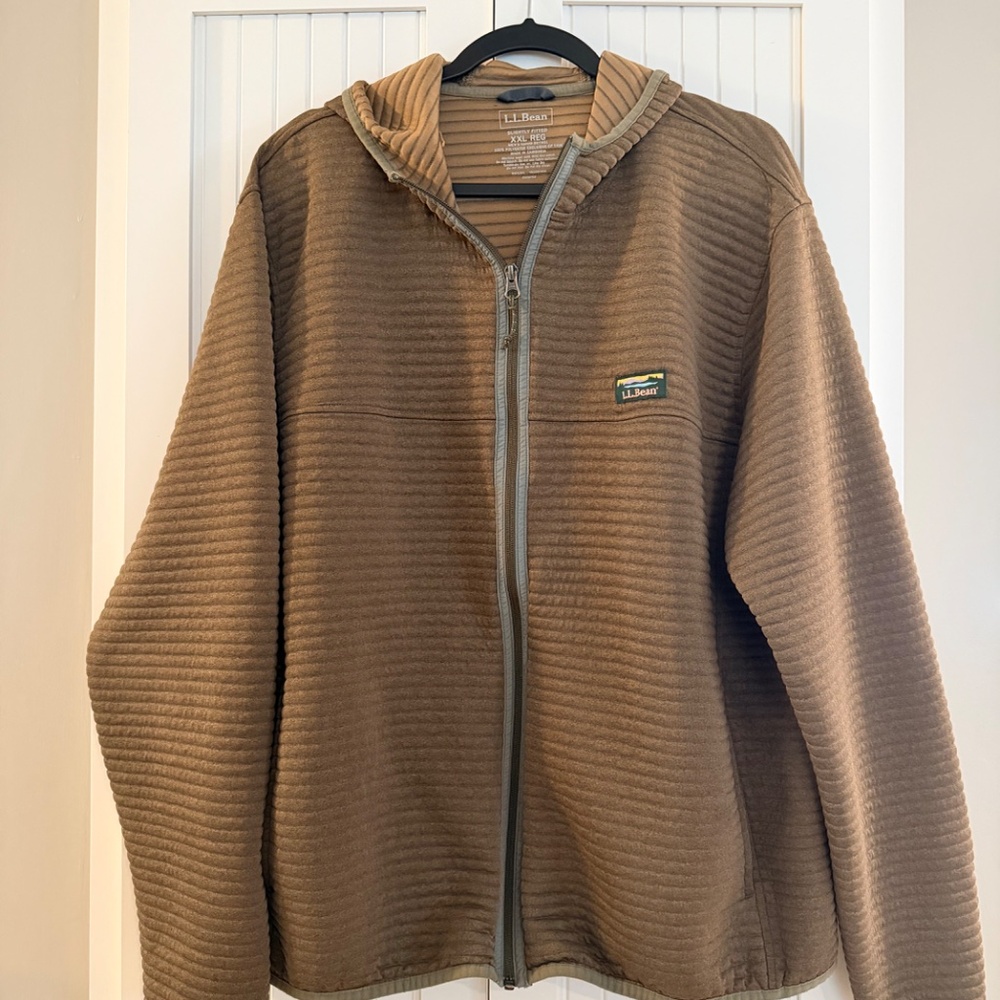 LL Bean Airlight Brown Quilted Knit Hooded Zip Front Pullover Sweater XXL